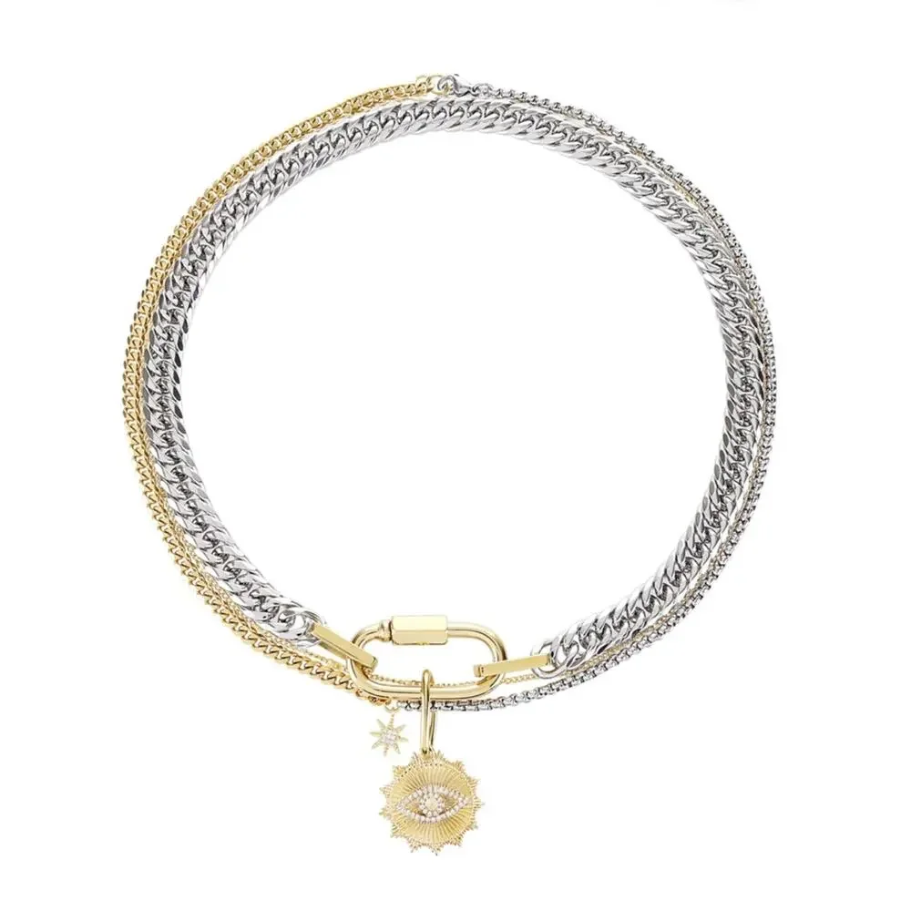 Carabiner Evil Eye Charm Staacked Stainless Steel necklace Tarnish Free